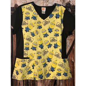 Despicable ME Scrub Top ladies large yellows with black back